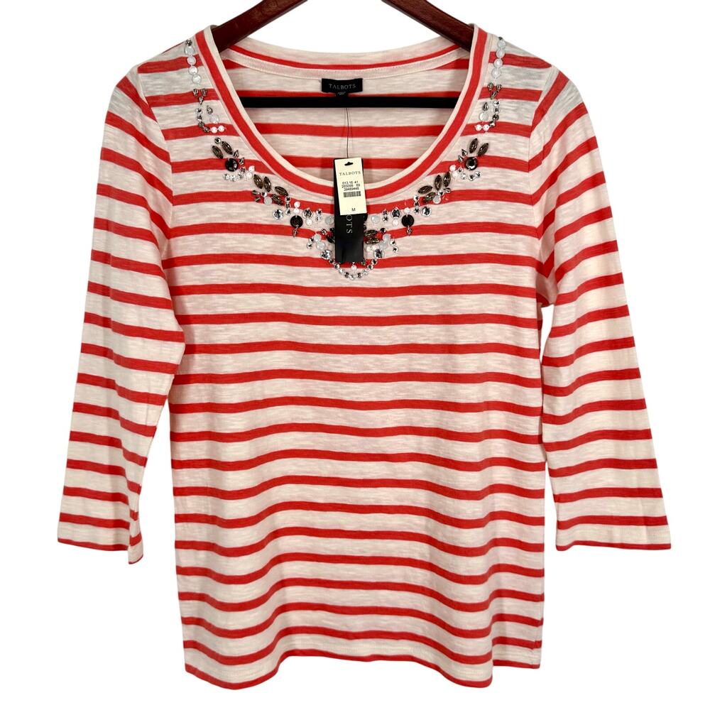 NEW NWT Talbots Medium Orange White Beaded Wearable Art Blouse Shirt Top Artsy